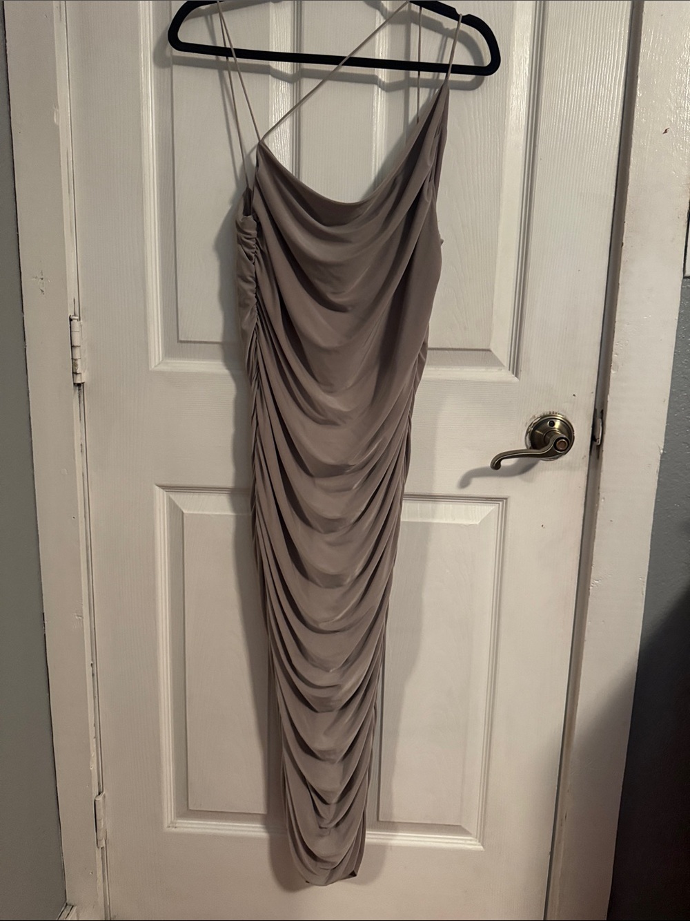 Midi Taupe Draped Slip Dress with Cowl Neck
